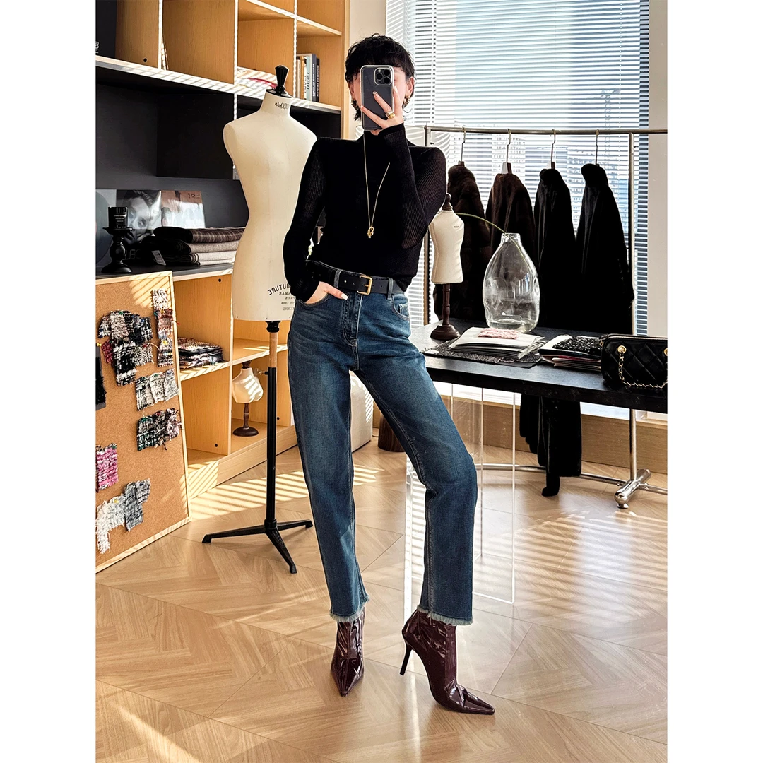 玖着百搭B入甄选山羊绒保暖弹力加绒时髦显瘦环保毛边法棍牛仔裤