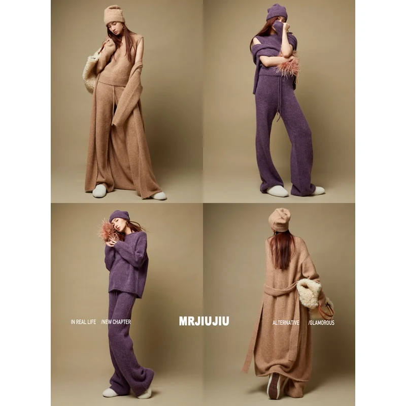 玖着重磅组合_南美定染SURI丰盈羊驼毛外套+背心+奶奶裤+冷帽