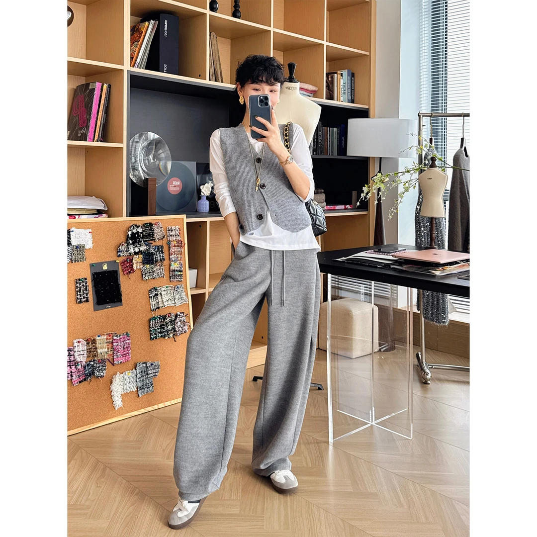 玖着“绒冬”高克重绵羊毛长绒棉暖绒锁温软糯松紧腰系带休闲长裤