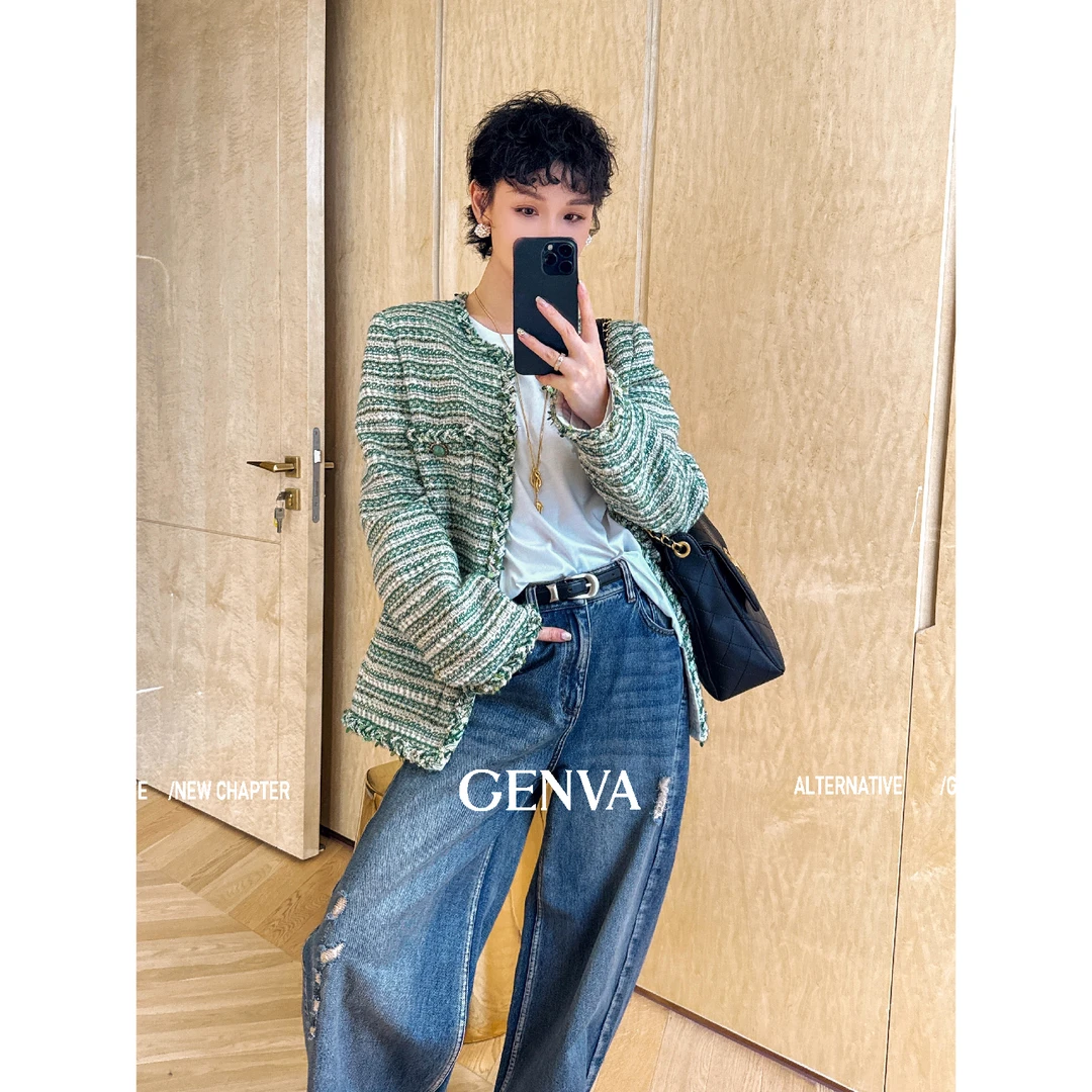 玖着-"格林"意大利进口绵羊毛肌理编织粗花呢/纯手钩亮片香风外套