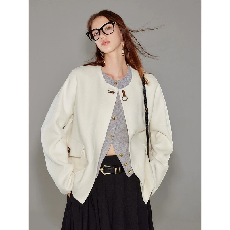 玖着-时髦姿态/澳洲重磅精纺美利奴羊毛真皮羊皮银环极简短大衣