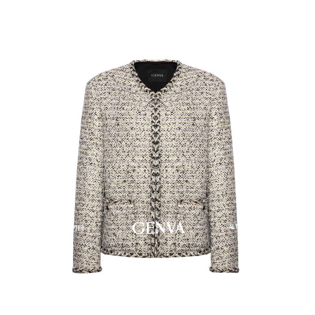 玖着-"北国雪松"浪漫朦胧黑白金银丝早春蝴蝶纱V领花呢香风外套