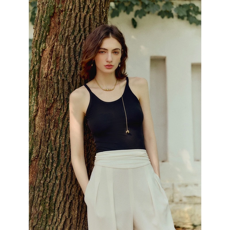 玖着-夏季bi备超细真丝桑蚕丝高弹罗纹针织丝滑凉爽小吊带背心