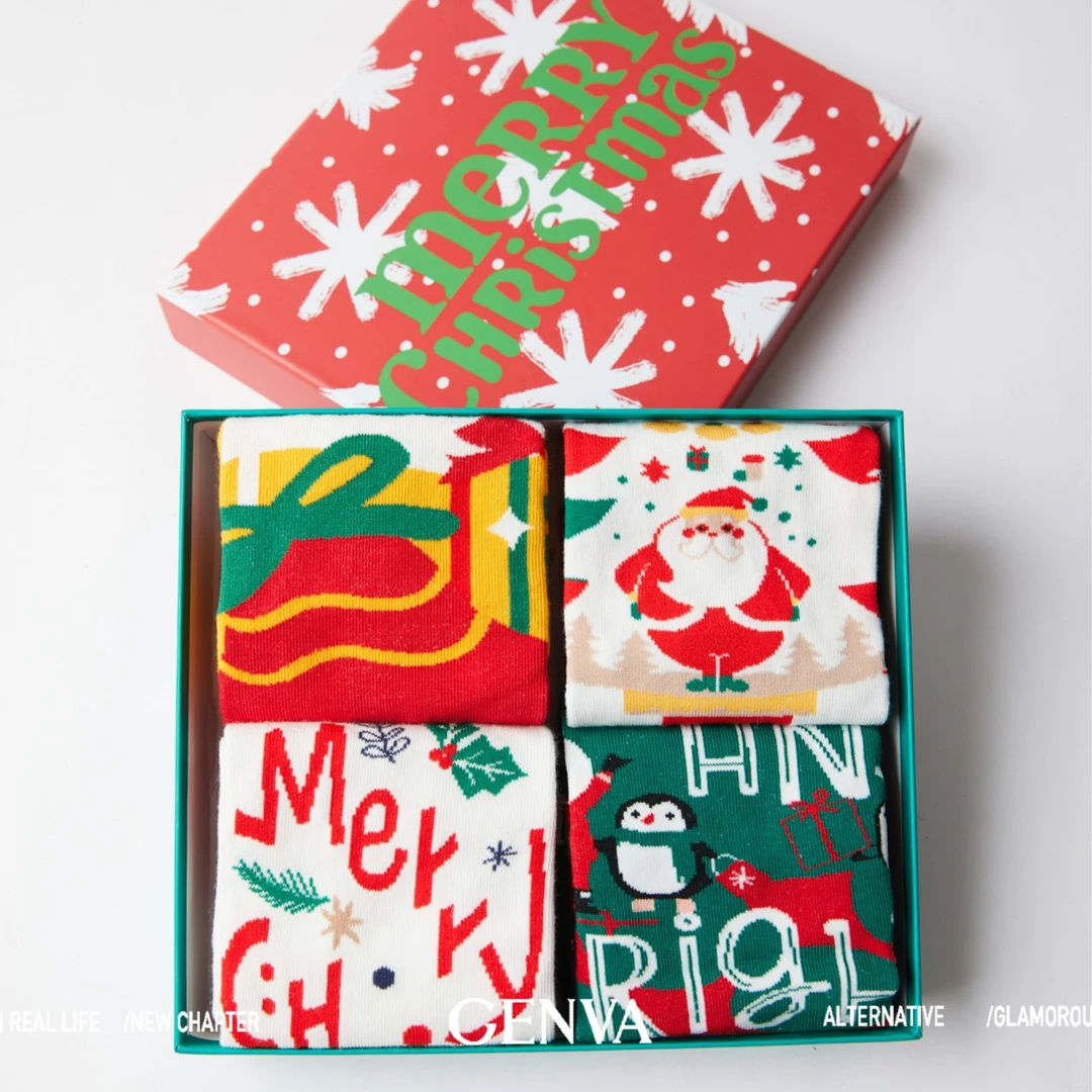 GENVA|"圣诞礼盒"精梳棉质四色卡通插画学院风舒适保暖中筒袜