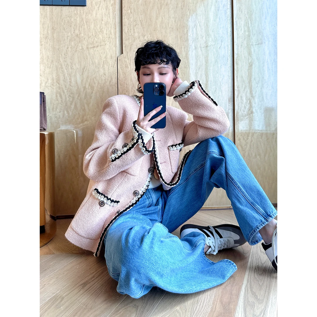 玖着-'玛丽珍/温斯顿'绵羊毛呢手钩珠钻撞色花边COCO经典香风外套