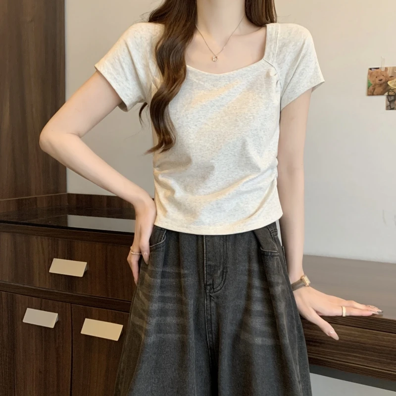 灰色短袖t恤女夏季设计感小众露锁骨辣妹修身显瘦正肩短款上衣潮