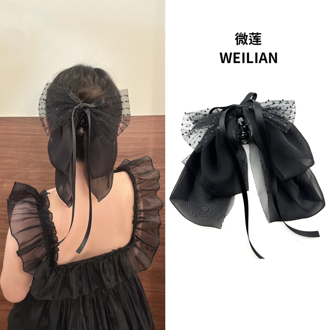 微莲优雅贵气背影夹丸子头披肩发半马尾高级感闪闪网纱