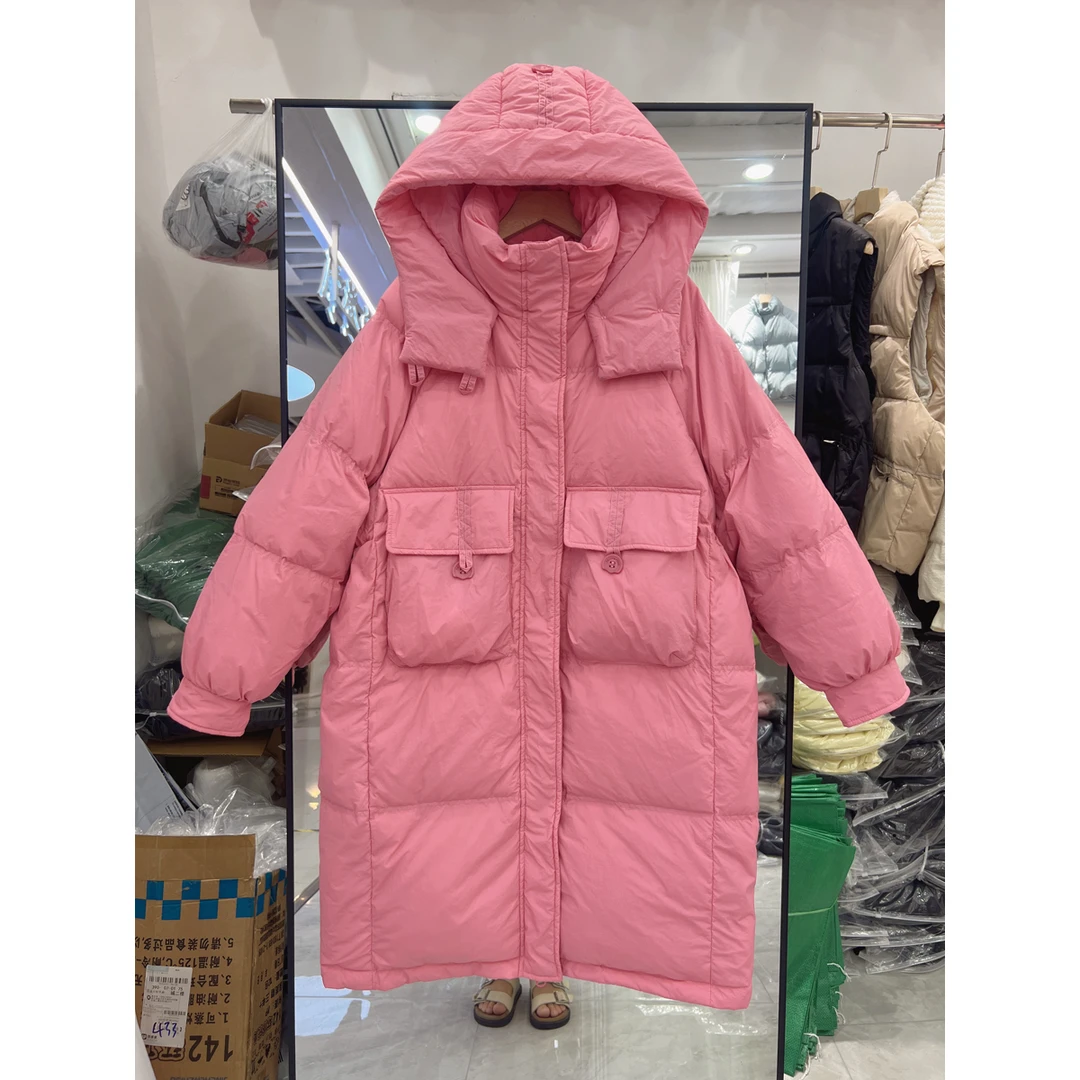 伊曼2023年韩版反季新款羽绒服女中长款连帽白鸭绒过膝加厚宽松