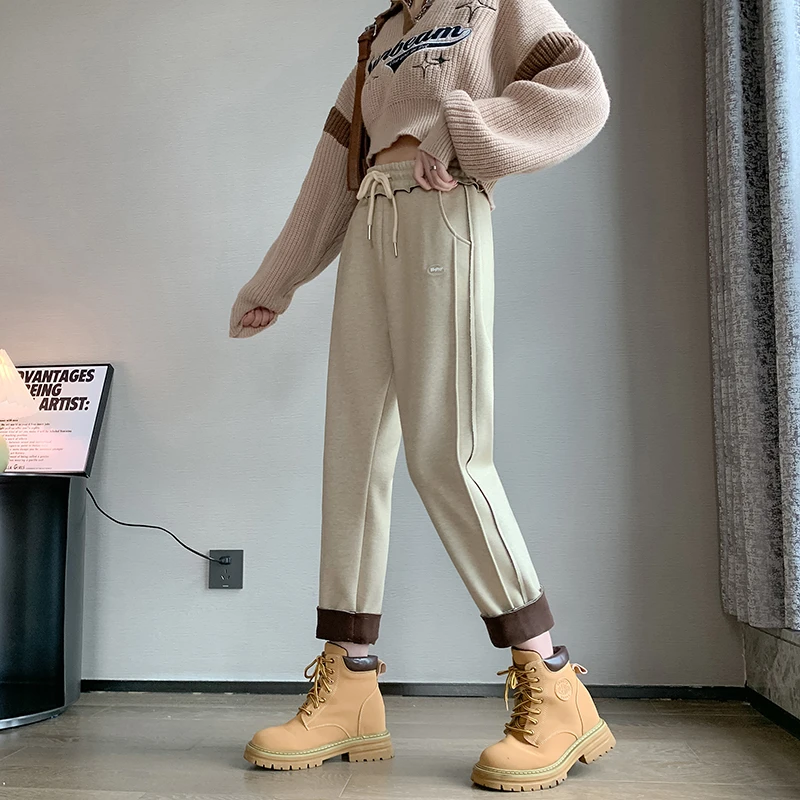 加绒毛呢裤子女秋冬小个子高腰休闲宽松直筒裤九分烟管裤显瘦女裤