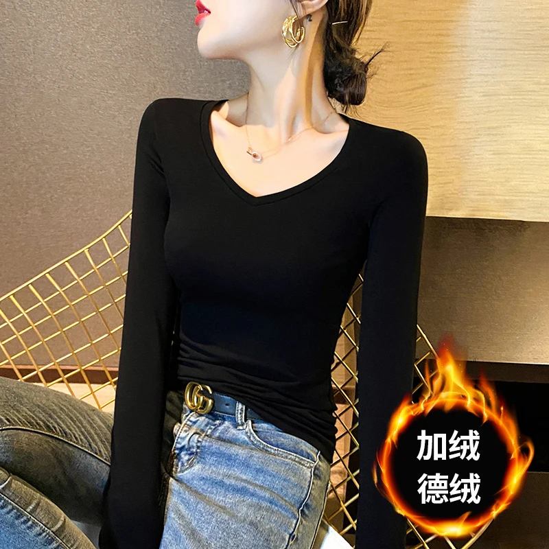 德绒V领打底衫女内搭秋冬新款加绒加厚紧身低领黑色长袖保暖上衣