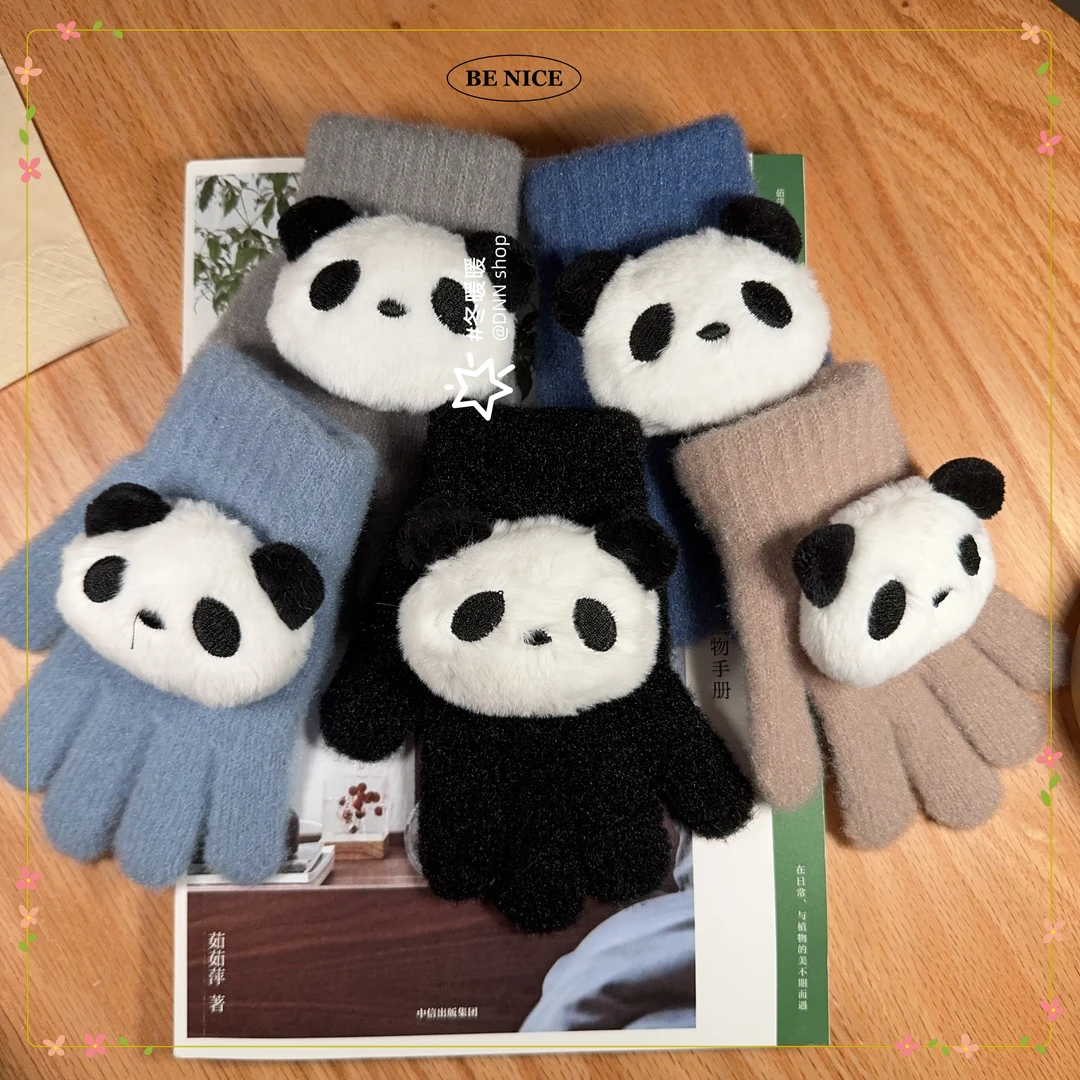 可爱保暖儿童手套幼儿园小朋友厚款冬季五指分指毛线小童大熊猫