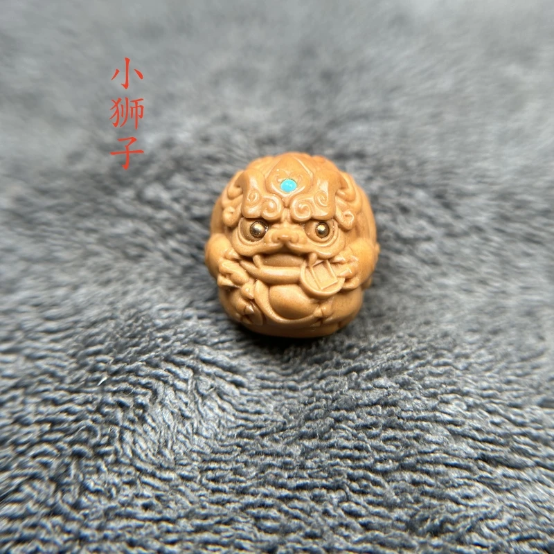 橄榄核雕刻单籽小狮子镶嵌款小喜鹊个性文玩配饰