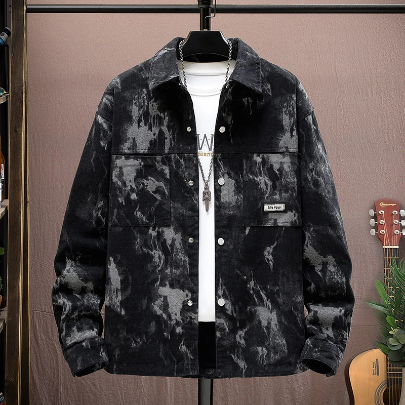 2024秋季男士百搭印花潮流宽松扎染渐变棉质牛仔衬衫帅气外套8877