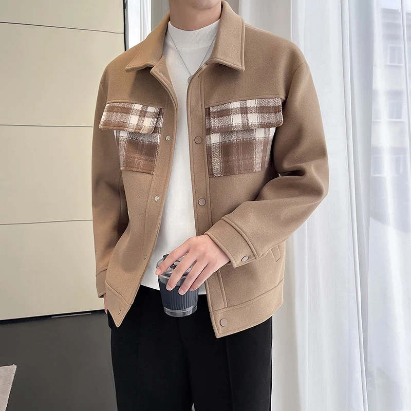 2024冬季男士潮流帅气加棉加厚拼色毛呢夹克韩版休闲短款外套F012