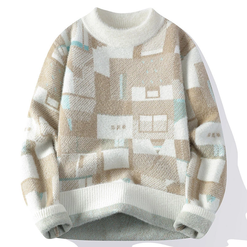 2024冬季仿水貂毛时尚保暖青少年毛衣男士潮流印花针织衫潮36056