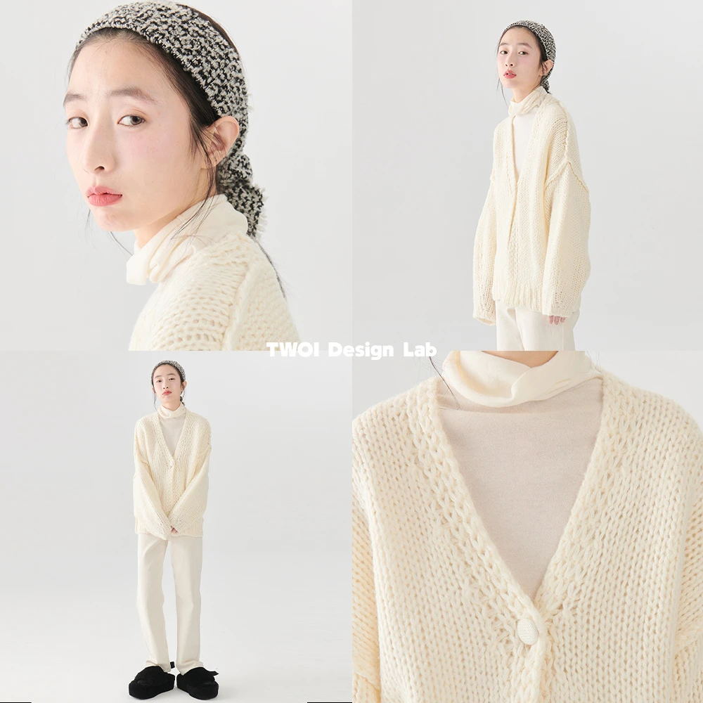 “豆乳盒子蛋糕”：纯净的奶油白！「重磅粗针开衫毛衣！」TWOI