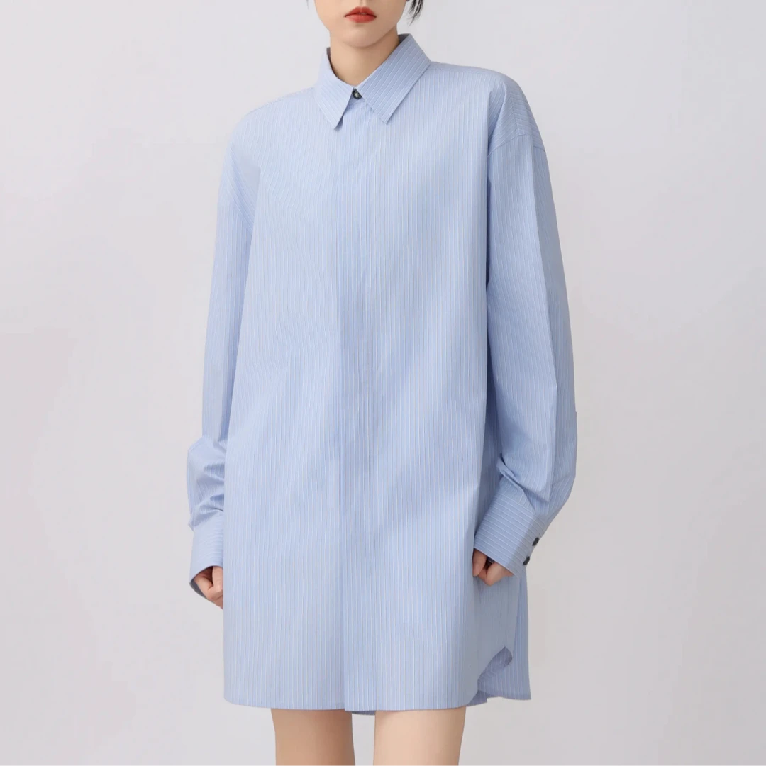 AMASS/阿玛施 百搭休闲男友风条纹宽松廓形棉质长袖衬衫5301110