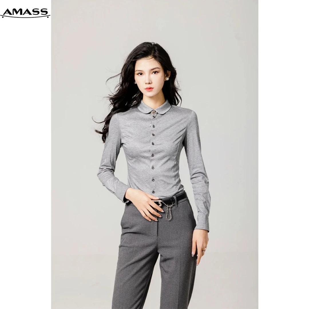 阿玛施/AMASS山茶花彼得潘领气质百搭修身休闲长袖衬衫5300528