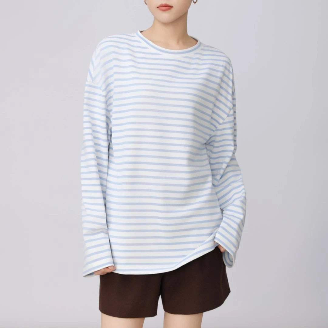 AMASS/阿玛施新款女装经典休闲时尚条纹长袖圆领廓形T恤5301090