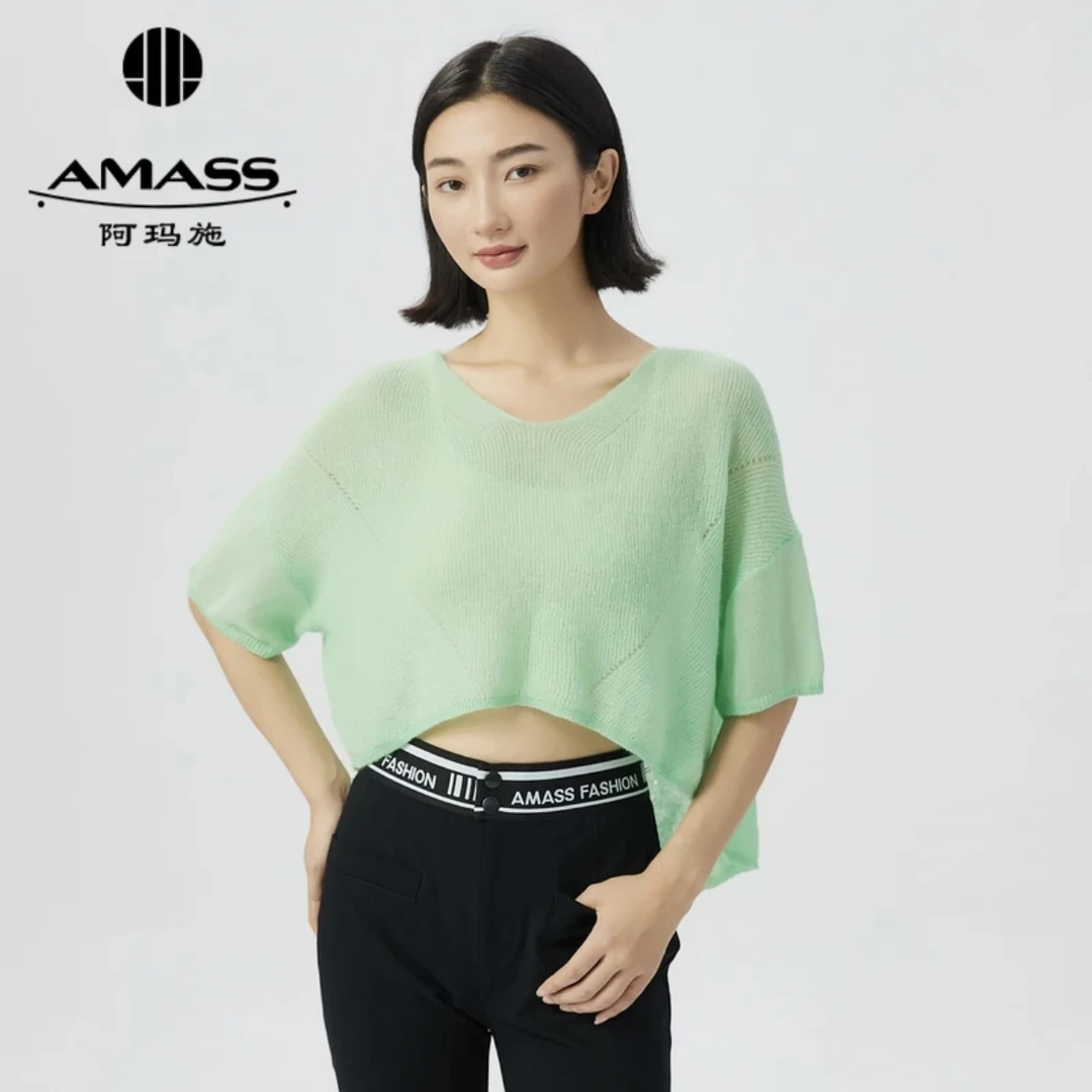 阿玛施/AMASS马海毛套头前短后长设计V领短袖纯色针织衫女5399682