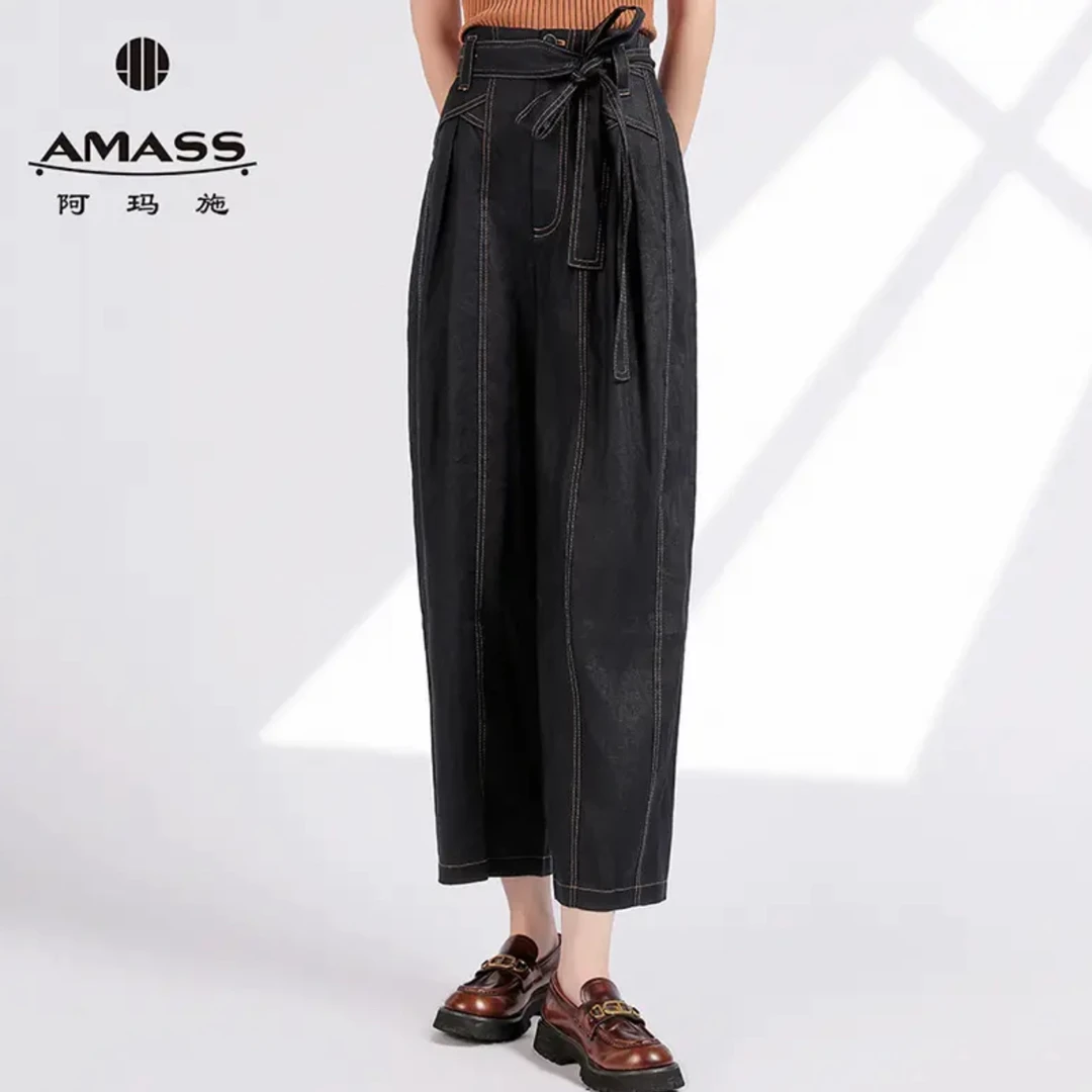 阿玛施/AMASS  气质亚麻休闲高腰系带直筒亚麻裤 5100397