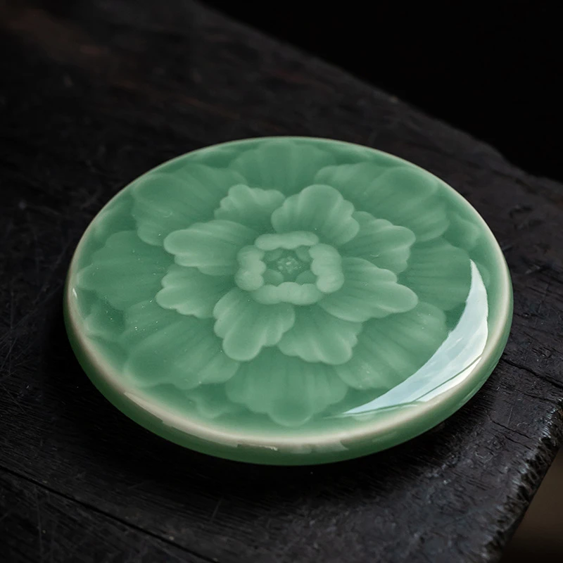 闲昱复古味梅子青影雕荷花纹杯垫隔热盖置垫功夫茶具零配陶瓷茶具