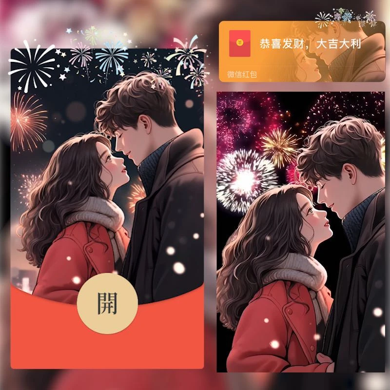 新款红包封面情侣烟花祝福节日过年情人节圣诞元旦春节设计制作