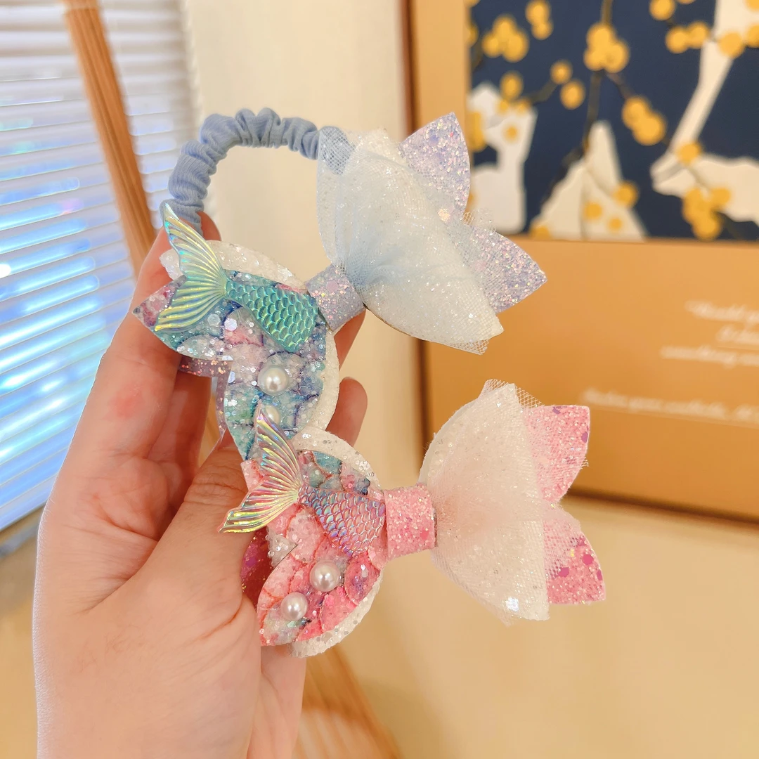 EF1295【满9.9发货】儿童仙气蓝色渐变鱼尾蝴蝶结发绳发夹发饰