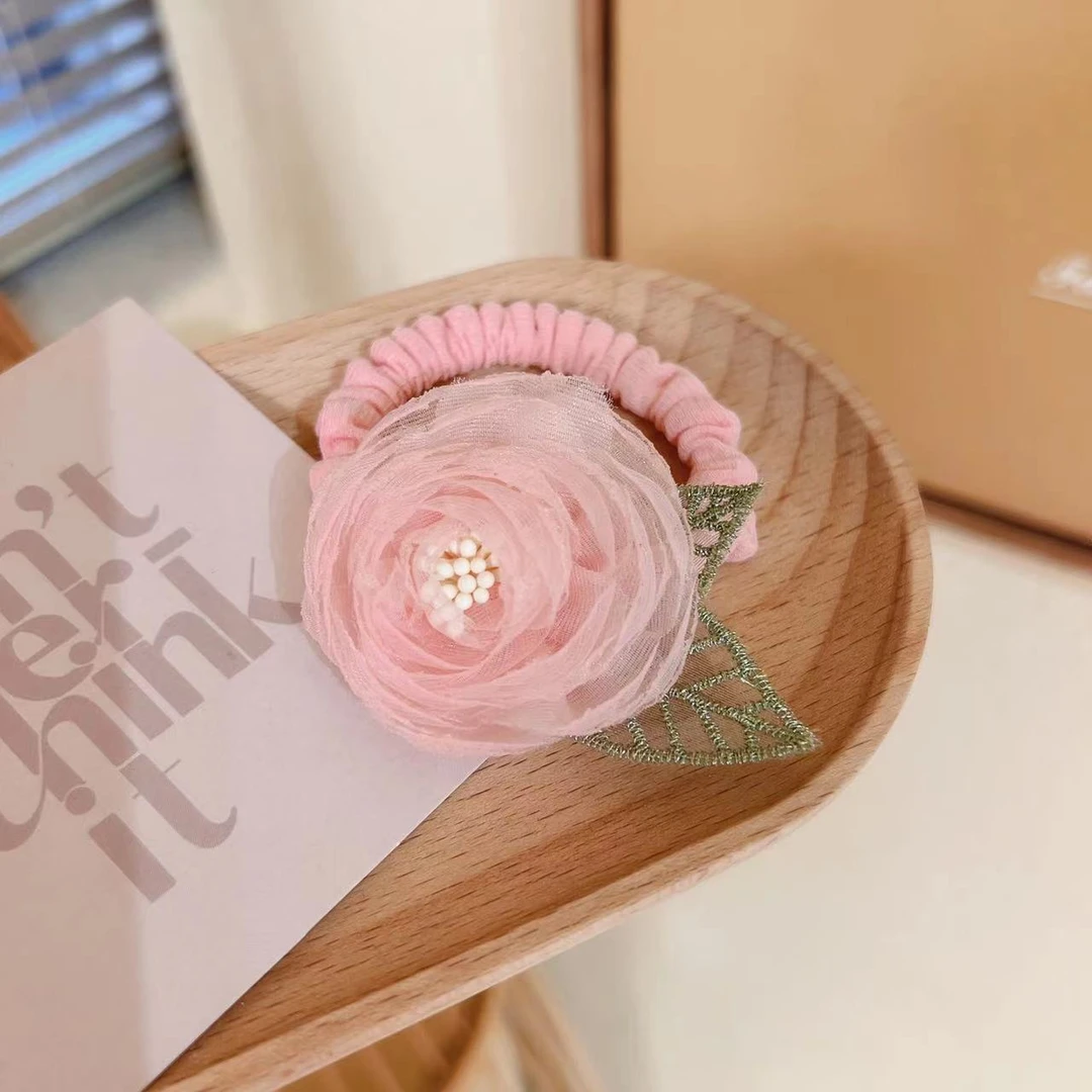 非金属发饰EF1061【满9.9发货】儿童粉色山茶花发绳发夹甜美发饰