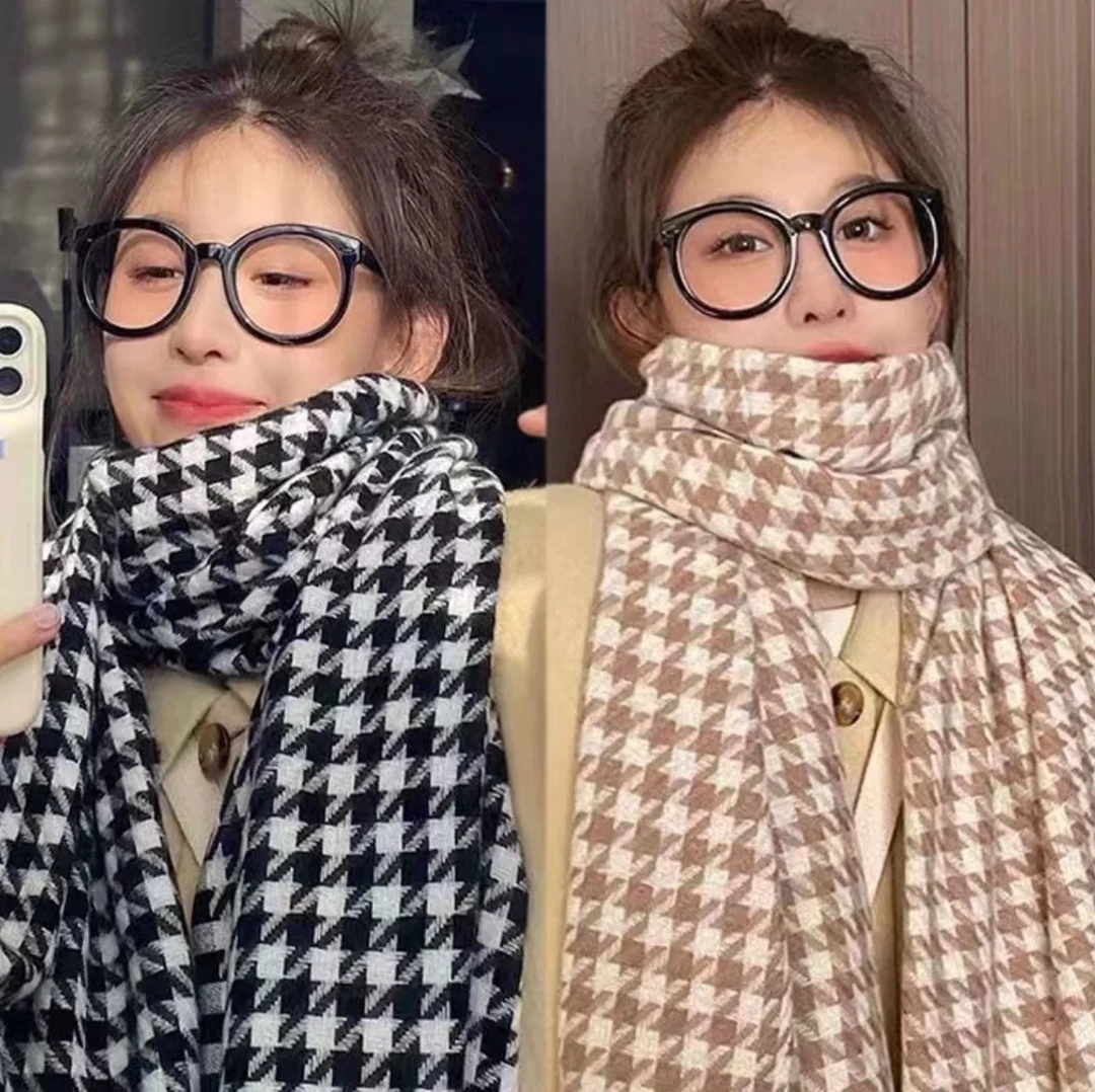 2024新款冬季保暖情侣针织格子围脖韩版百搭流苏撞色千鸟格围