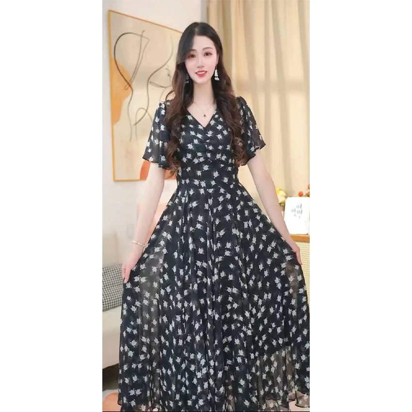 L037 黑色印花V领连衣裙2024年夏季新款修身显瘦时尚洋气