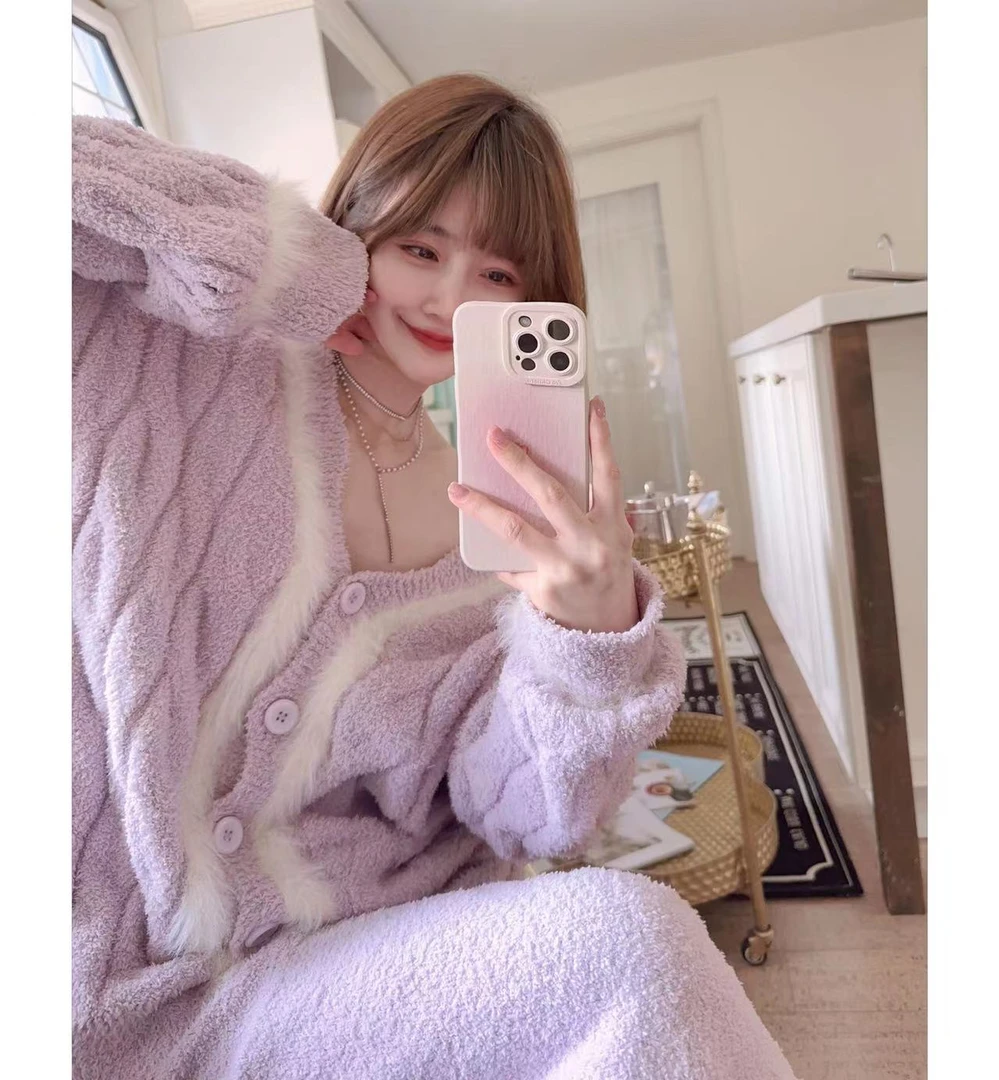 板栗小姐-【陌上】简约睡衣女2023新款冬款半边绒家居服套装睡衣