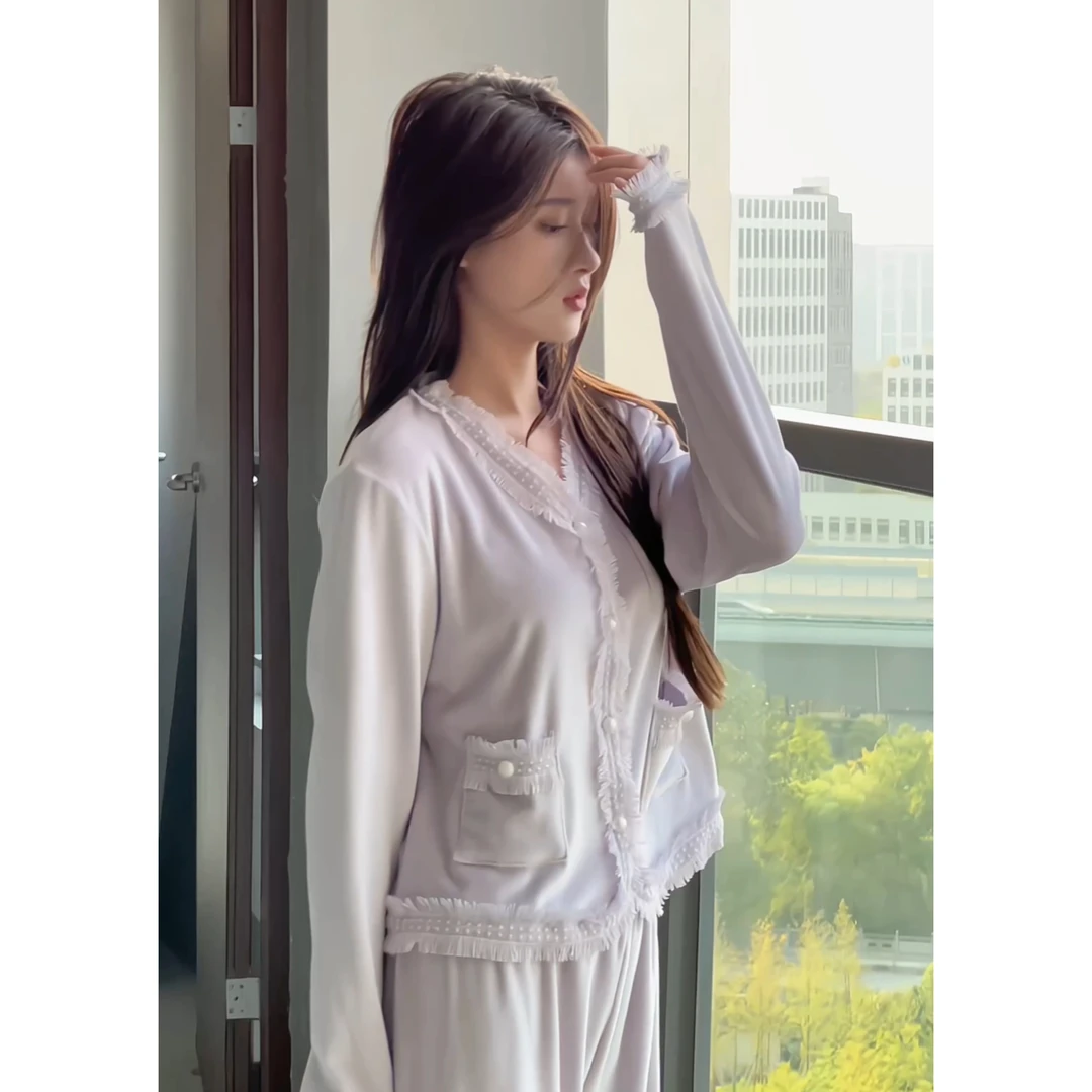 板栗小姐-【轻氧】法式睡衣女2023新款春秋蕾丝海岛绒家居服套装