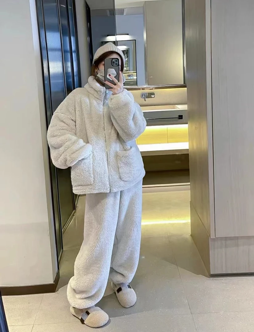 板栗小姐-【小新】简约百搭基础拉链款加绒加厚秋冬睡衣家居服套装