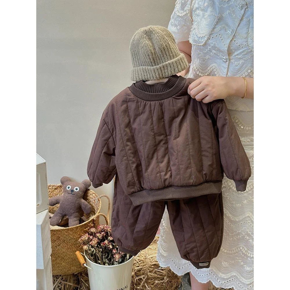 森系套装男童女童双层领加绒两件套冬韩版儿童棉衣棉裤宝宝装