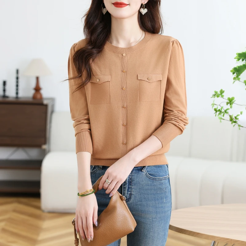 小香风长袖针织衫春秋季气质时尚打底宽松圆领显瘦薄款纯色上衣