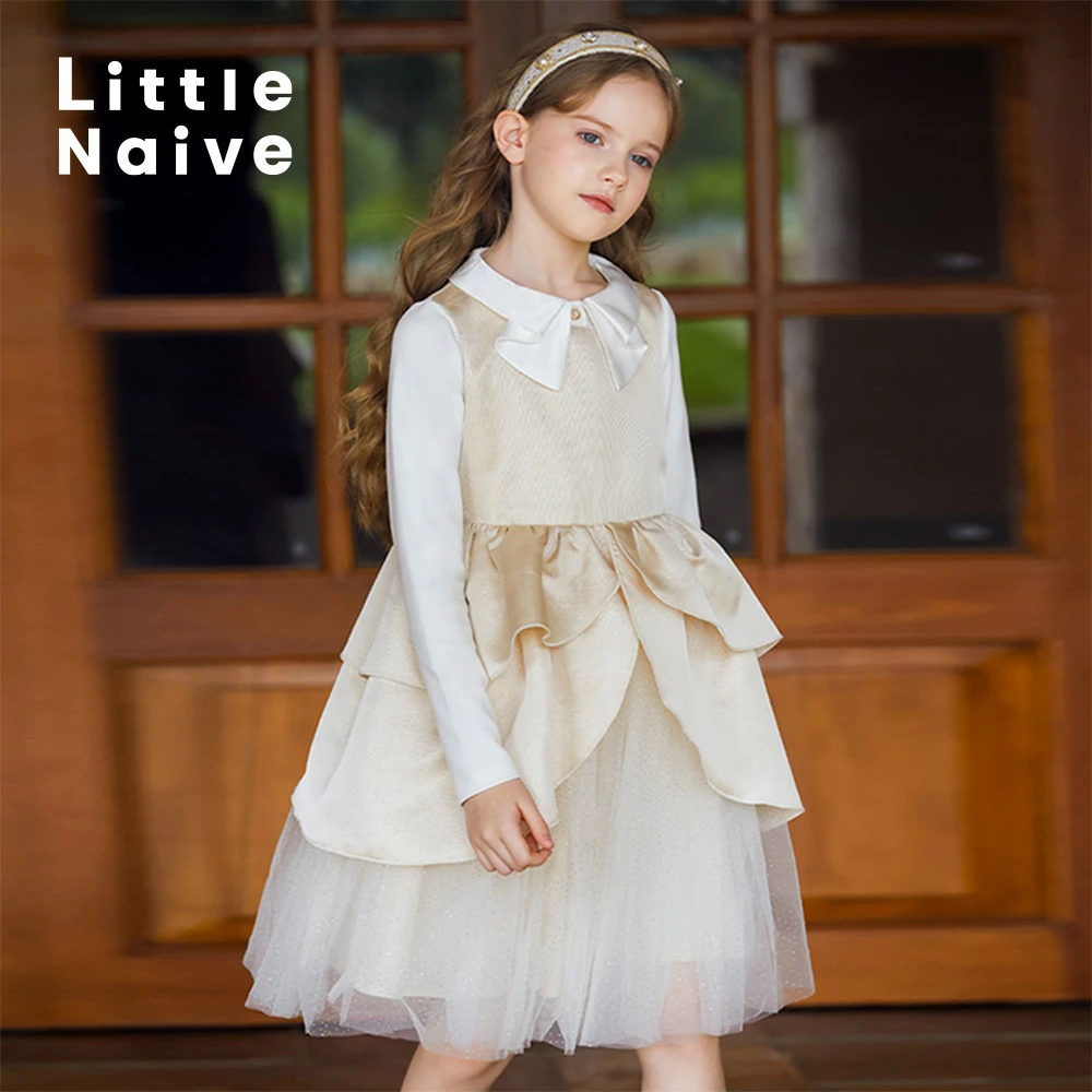 Little Naive儿童网纱公主裙法式缎面礼服洋气女童背心裙连衣裙