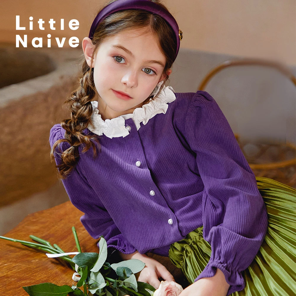 Little Naive女童泡泡袖衬衫春季上新款甜美法式衬衣儿童长袖上衣