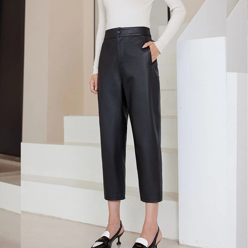秋冬新款百分百牛皮真皮长裤女士八九分裤哈伦裤萝卜裤显瘦百搭