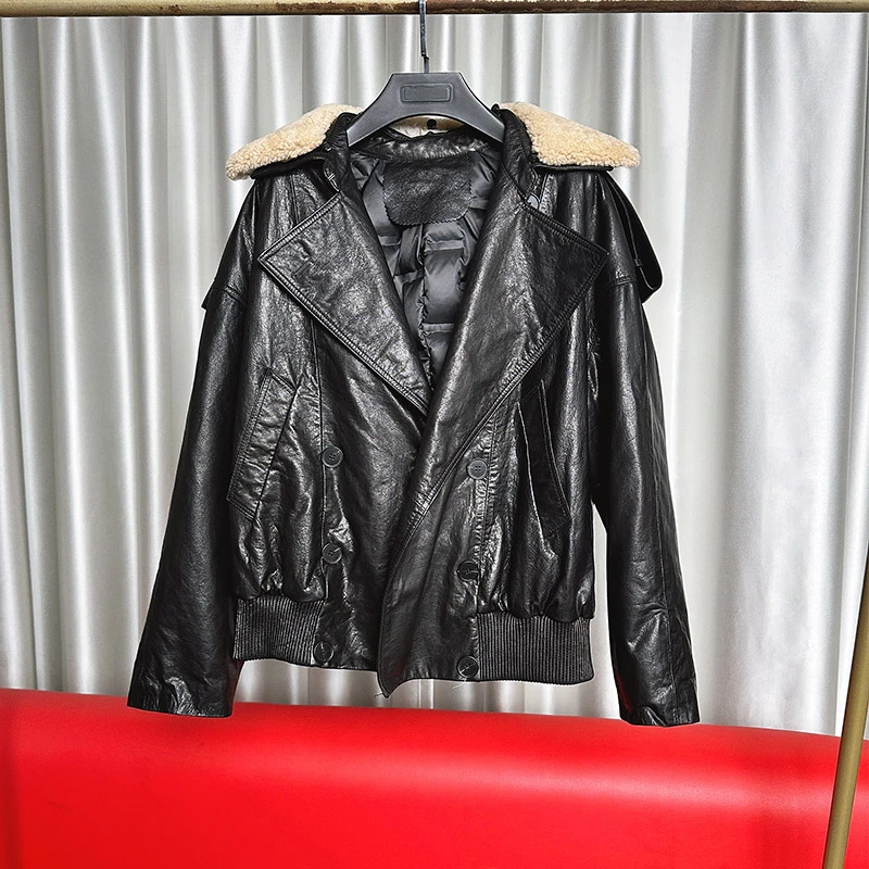 奢侈油蜡皮牛皮羊毛毛领鹅绒服外套女冬新款皮羽绒真皮皮衣女