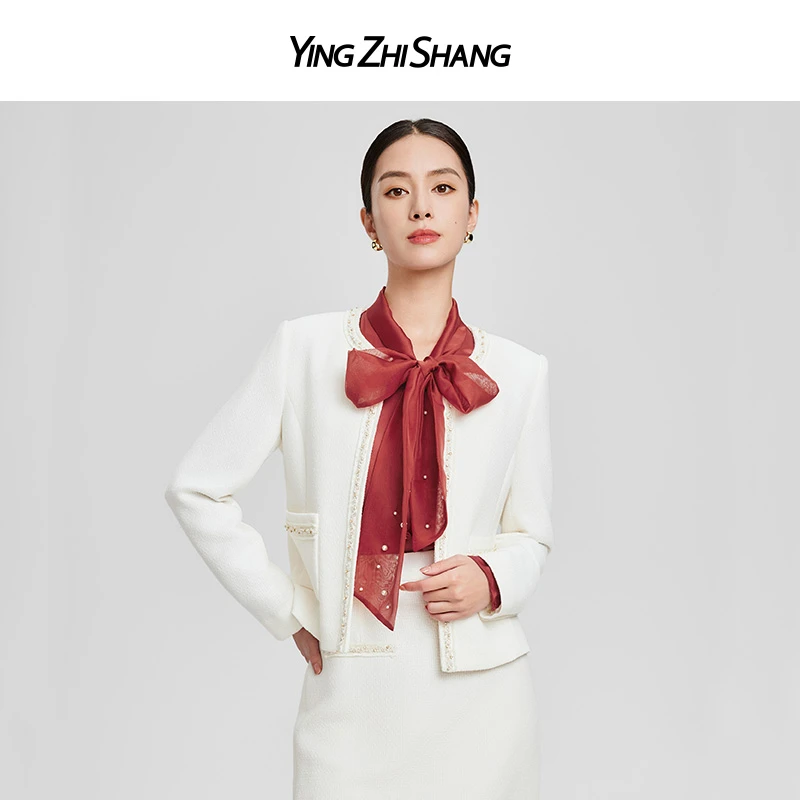 赢智尚秋新款奶油白长袖小X型略松短款小香风外套ZA-ZB00691