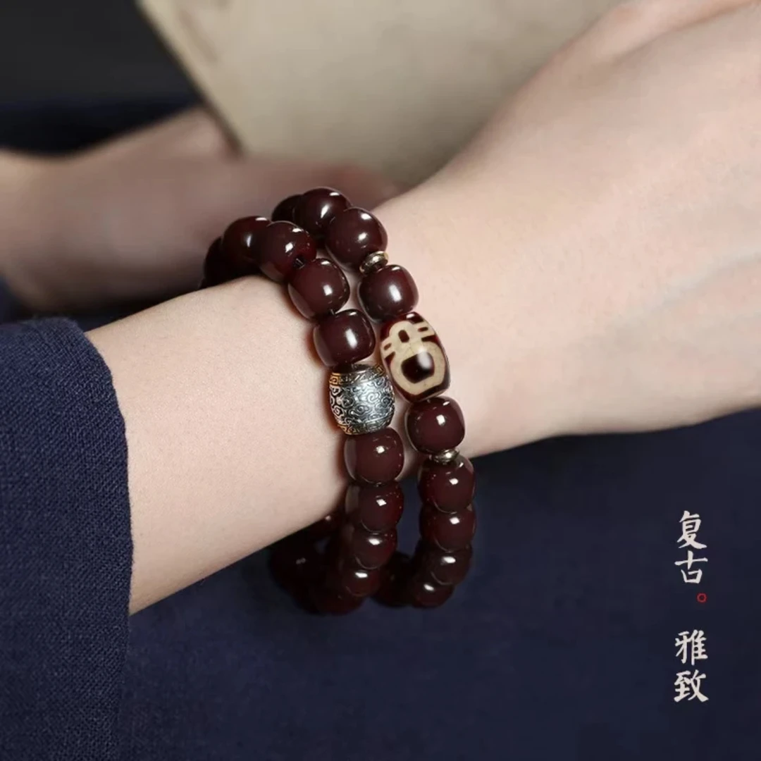 藏式红菩提手串糖心菩提双圈手持佛珠古法朱砂供沁色菩提子车厘子