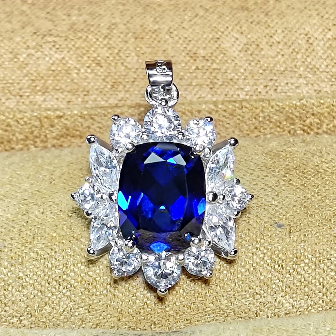 培育蓝宝石皇家蓝蓝宝石S925银镀金吊坠贵气女款培育项坠KSD1118