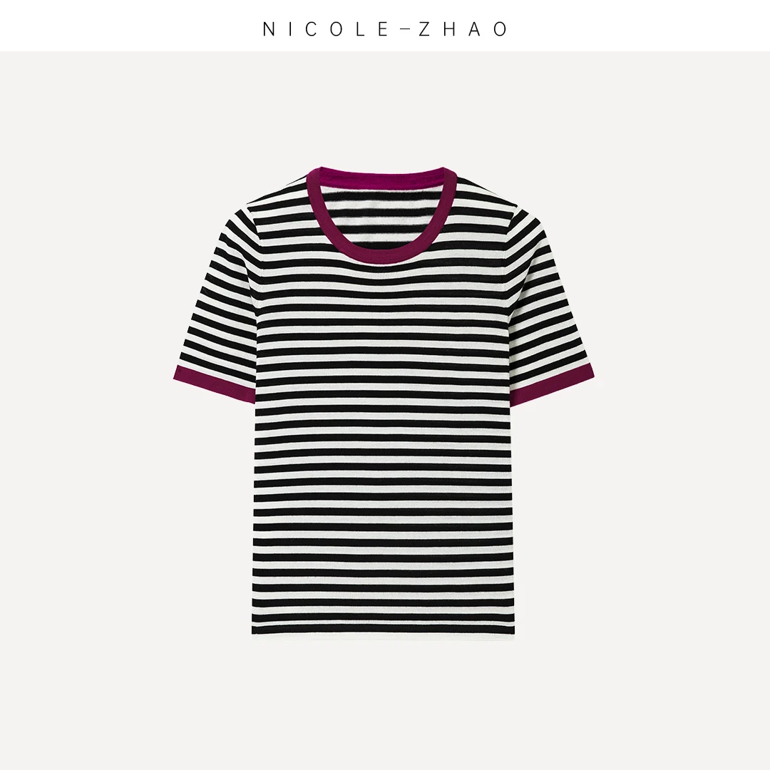 SK3036【贵姐NICOLE】2025年新款休闲圆领短袖黑白条纹T恤女