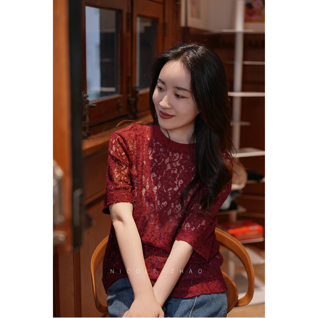 3MK226【贵姐NICOLE】进口蕾丝面料2025蕾丝镂空上衣长袖夏季