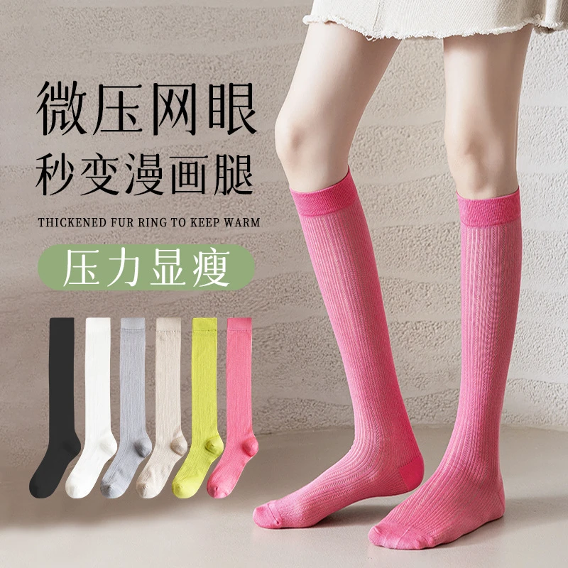 猫伽Mèche【2双装】夏季薄款网眼小腿袜女纯色长筒透气健身显瘦袜子