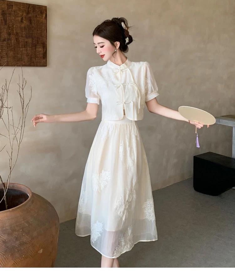 现货春夏季新中式时尚显瘦潮流新中式两件套绣花盘扣套装套裙