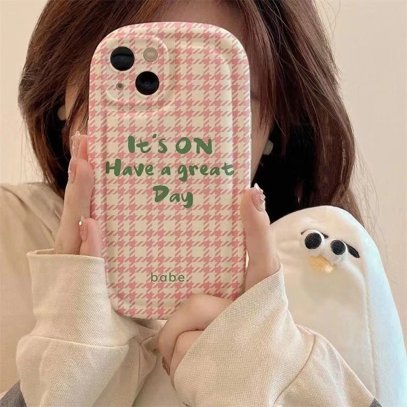 粉千鸟格适用iPhone15/14promax手机壳13女12华为/oppo/小米/vivo