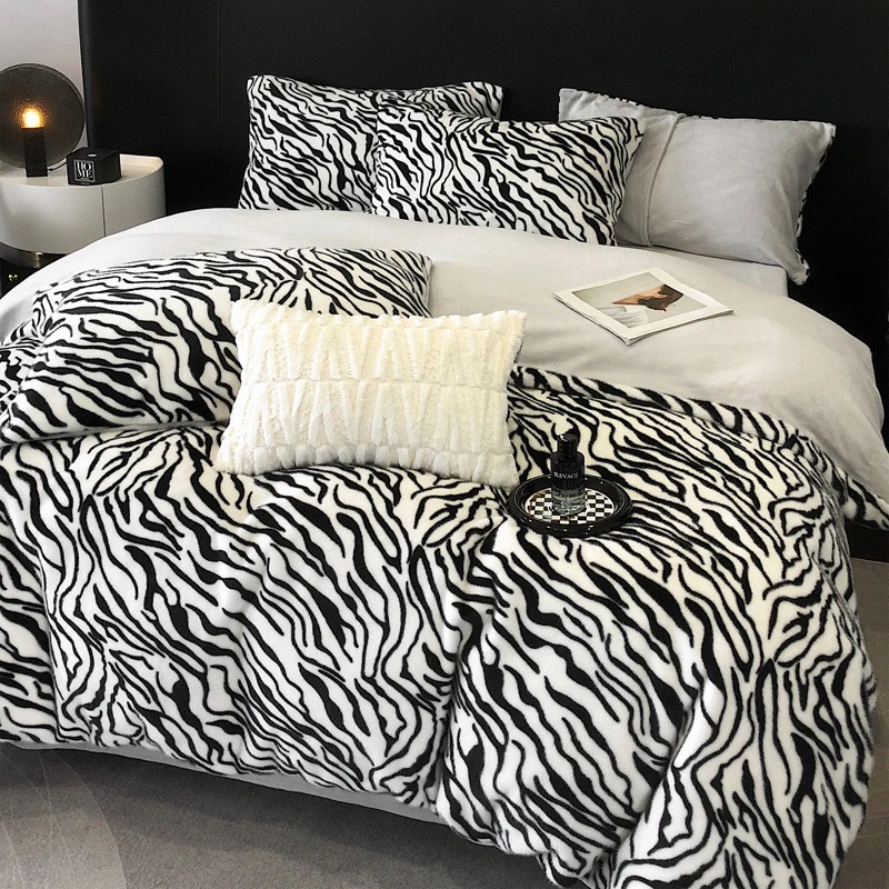 冬季加绒加厚水貂绒四件套双面长毛绒被套豹牛奶绒