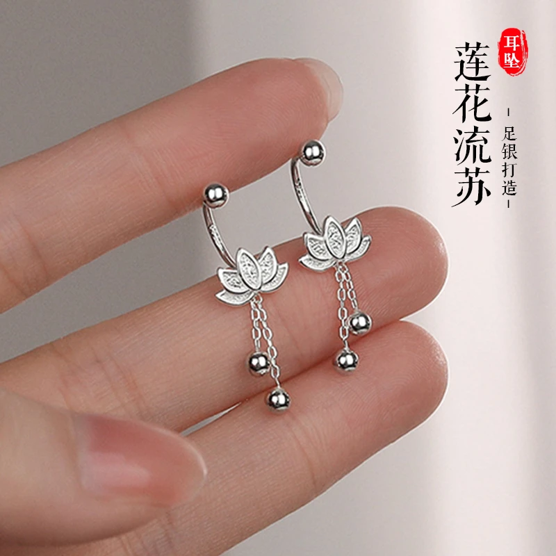 老银匠关东 足银耳饰 莲花流苏银耳坠铃铛古风长款百搭设计感耳饰